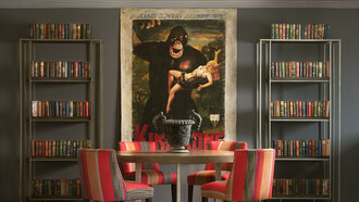 Andrew Martin, Perplex bookcase, Ashton Round Dining Table, Americana dining chairs