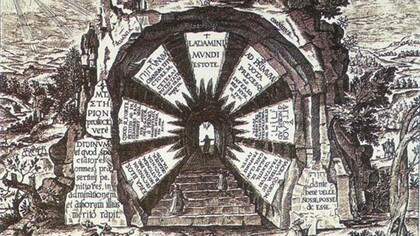 Porta Amphitheatri Sapientiae Aeternae. Incisione tratta dall'Amhitheatrum Sapientae Aeternae (Anfiteatro della saggezza eterna) di Henricus Khunrath, pubblicato originariamente nel 1595. Il libro fu reso più accessibile in un'edizione ampliata con l'aggiunta di altre incisioni pubblicate postume nel 1609