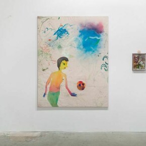 Max Brand, Untitled, 2013, Oil, acrylic, aerosol lacquer, marker, chalk, fineliner on fabric, 180 x 140 cm, 70 7/8 x 55 1/8 ins. And Max Brand, Untitled, 2013, Paperwork collage in artist frame, 32 x 24 cm, 12 5/8 x 9 1/2 ins, Courtesy Vilma Gold, London. Photo: Lewis Ronald