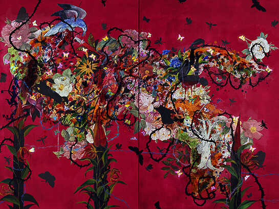 Priyantha Udagedara, Paradise Lost V (2011) Acrylic, Collage and Bandage on Canvas. 152 X 101 cm