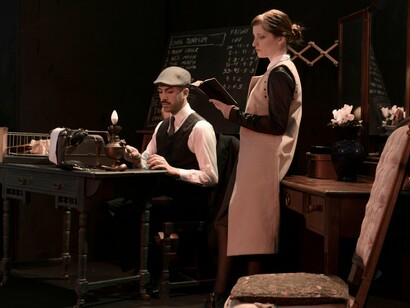 A typist and reader absorbed in their work, reflecting how writers indirectly confronted the horrors of the epidemic