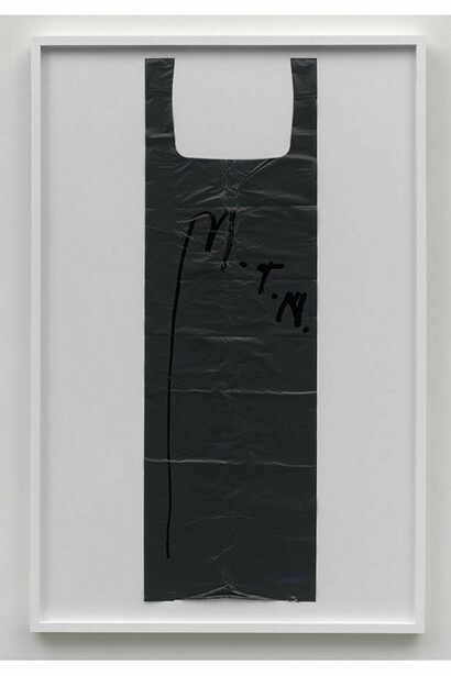 Matias Falbkken, Untitled (Garbage Bag Grey #5), 2010, Marker pen on grey plastic bag / framed, Framed (134.4 x 88.2 x 4.5 cm), Courtesy of Simon Lee Gallery