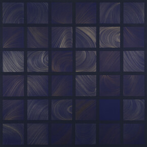 Harmonizations XIII, 2019, silver/gold/aluminum/copperpoint, copper and aluminum metal wool pad, navy blue gesso on wood panel