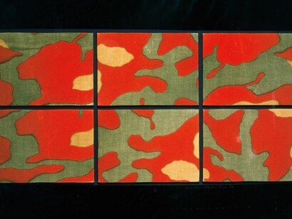 Alighiero Boetti, Mimetico, 1966, elementi di tela mimetica su telaio montati su pannello in compensato dipinto, 6 elementi di cm 21x29,5 su pannello di cm 43x90,5, foto Paolo Pugnaghi

