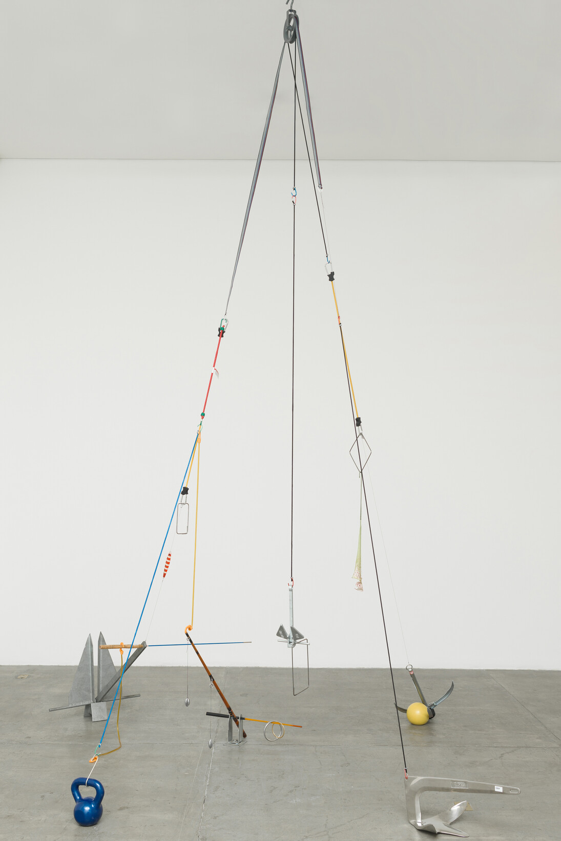 Rodrigo Matheus, Terra à Vista, 2015, Anchors, bungee cords, weights, pulley, artificial flower, fishing equipment, Variable dimensions. Photo: Eduardo Ortega, Courtesy Galeria Fortes Vilaça