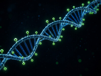 DNA-Methylierungsgrad eines jungen Gewebe (Methylierungsgruppe in grün). Gewebe wirkt funktionell jünger