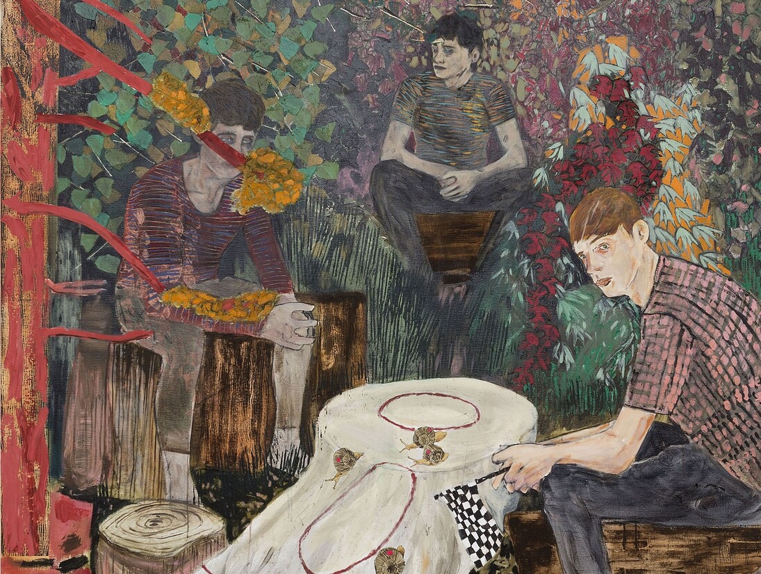 Hernan Bas, “The rare orchid collector (on expedition)”, 2015, Acrylique sur toile, 213,4 x 182,9 cm /84 x 72 inches, Photo: Claire Dorn, Courtesy Galerie Perrotin