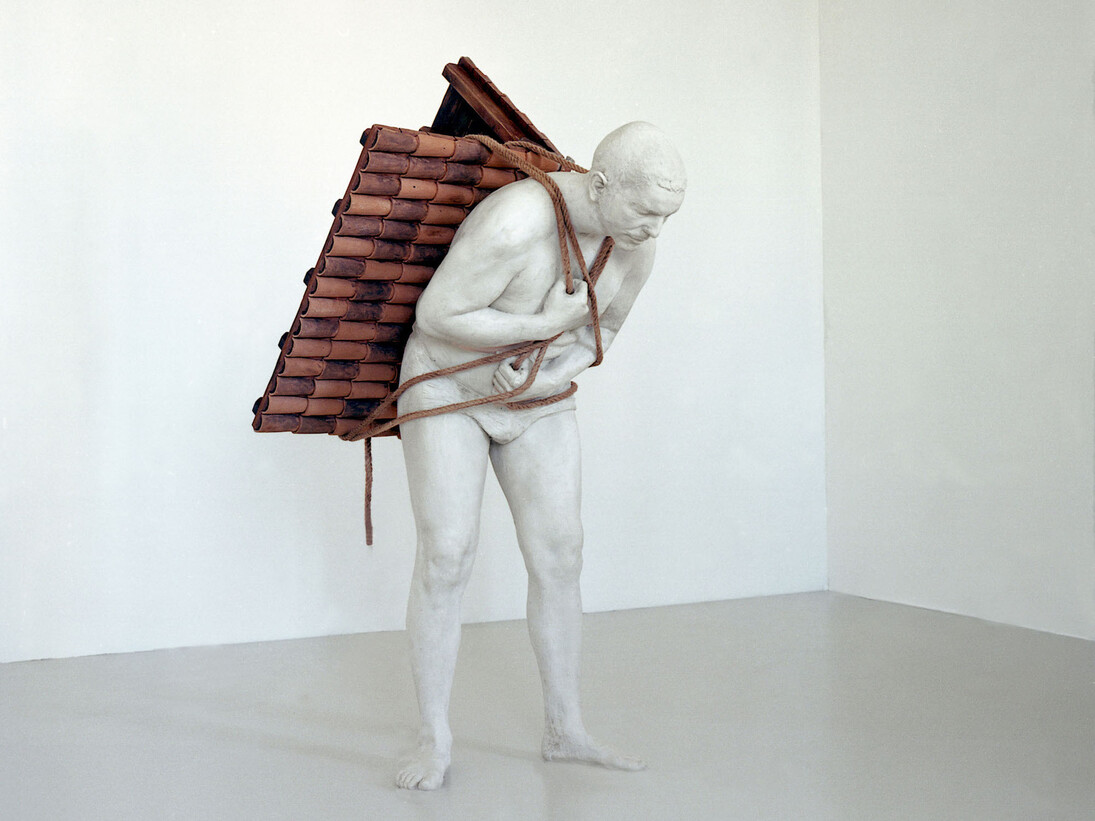Adrian Paci, Home to go, 2001  Plaster, marble, dust, tiles, rope, 165 × 90 × 120 cm Courtesy of the Artist, kaufmann repetto, Milano/New York and Peter Kilchmann gallery, Zurich
