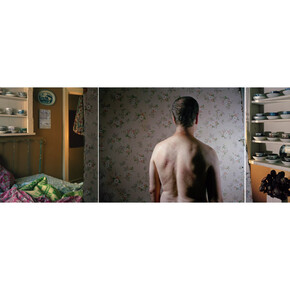 Hrvoje Slovenc, Untitled IV (Tea Party), 2010, 4x5 color film negative, pigmented ink print, mounted on black Plexiglas, triptych, 30 x 97 inches, edition 2 out of 3.