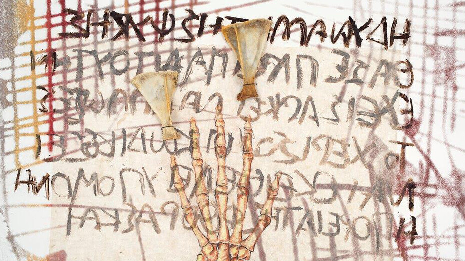 Lina Pigadioti, Hand / Roads (2015), Mixed media (layers of screen print, pencil drawing and bones on cotton paper), 56 x 76 cm