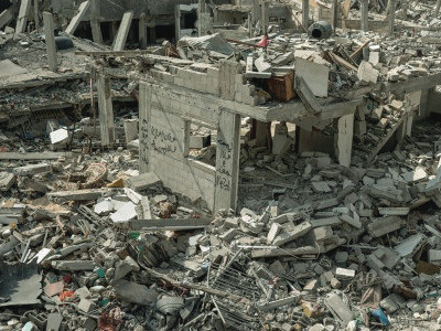 The ruins of a war-torn Middle Eastern city stand as a grim reminder of the region's ongoing conflicts and the immense human cost of geopolitical struggles