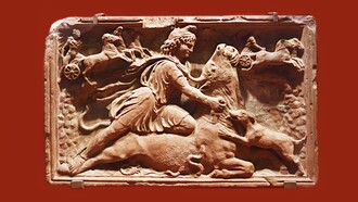 Rilievo in marmo rosso (Rosso Antico) raffigurante il dio Mitra che uccide il toro. Roma, 160-170 d.C. circa