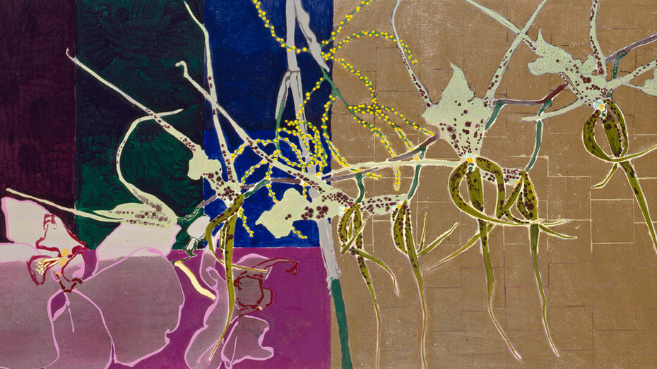 Robert Kushner, Two orchids one palm (detail), 1997. Courtesy of McClain Gallery