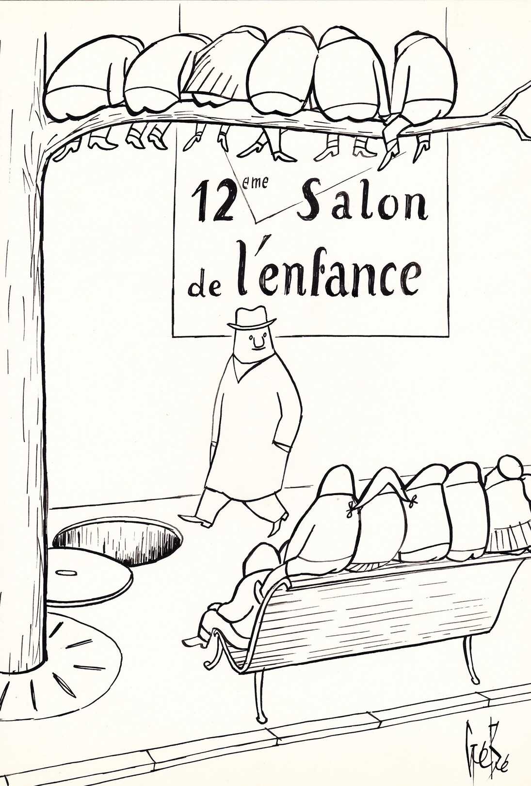 12ème Salon de l’enfance, encre de chine sur papier, 30 x 24 cm, courtesy of galerie Anne Barrault
