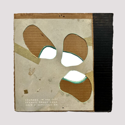 D.E May, Islands in the City, Year Unknown. Acrylic, tape, & found papers on cardboard, 12” x 12”. Courtesy of PDX Contemporary Art