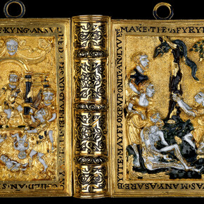 Miniature prayer book. London, UK , 1540–76This enamelled gold case contains a unique miniature printed book of morning and evening prayers, hymns, psalms and meditations. It was worn on a belt and may have belonged to Queen Elizabeth I.© the Trustees of the British Museum