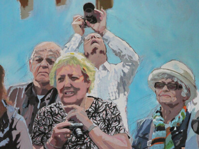 Répartie In Art-Helga Zumstein, Tourists, 39.5" x 39.5", Acrylic on Canvas
