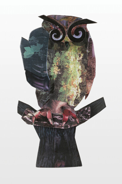 Macquette for inebriate owl
2007, Card with print and crayon, 48 X 26 X 14 cm
