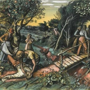 Alan Sorrell, The Long Journey, 1936, signed and dated, pencil, ink and gouache on paper, 37 x 52.3 cm (14 ½ x 20 ½ in.), Courtesy of the Trustees of Sir John Soane's Museum