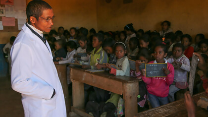 A classroom in the public primary school of Ianjanina, rural Madagascar, where children from extremely poor households are supported by a cash transfer programme that promotes school attendance