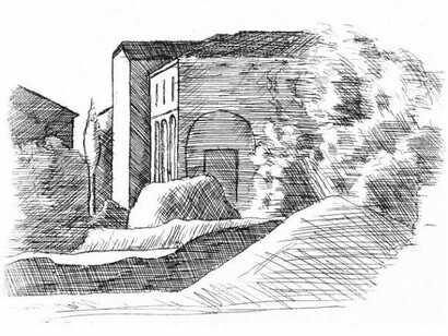 Giorgio Morandi, Small House with Portico and Cypress, 1924. Etching, 201 x 235 mm. Courtesy Galleria d’Arte Maggiore G.A.M., Bologna (Italy)  