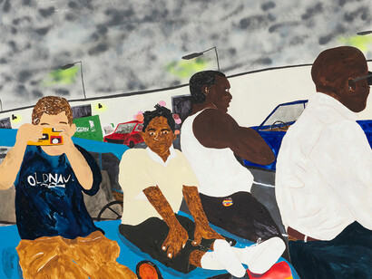 Marcus Leslie Singleton, ​​Blue Angels 2023. Oil and spray paint on the panel, 48 by 60 in. 121.9 by 152.4 cm. Courtesy of Mitchell-Innes & Nash