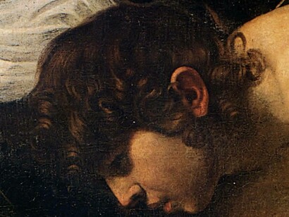 Caravaggio, San Matteo e l'angelo (ingrandimento), San Luigi dei Francesi, cappella Contarelli, Roma, Italia