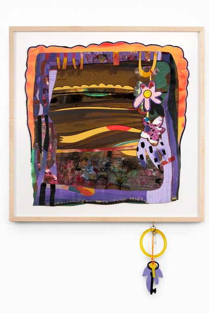 Amy Boone-McCreesh, Cloth Napkin Sampler (Purple Frame with Charm), 21.5x20 inches, mixed media on paper, fabric, mixed media charm, 2022. Courtesy of the artist and Pentimenti