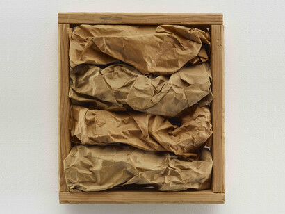 Richard Nonas, Untitled, 1972, Butcher’s paper and carpenter’s glue in wood box, 11 ¾ c 9 ¾ x 2 in. 29.8 x 24.8 x 5.1 cm. ©Richard Nonas. Courtesy of Fergus McCaffrey Gallery