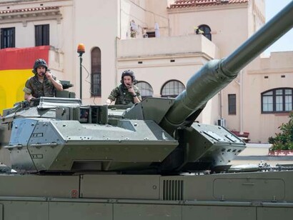 A Leopard 2E military tank on display at the Bruch Barracks open days in Spain