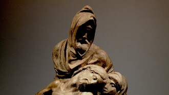 Detalle de la conocida como «Piedad florentina», con Nicodemo (cuyo rostro es el autorretrato de Miguel Ángel) sosteniendo el cuerpo de Cristo