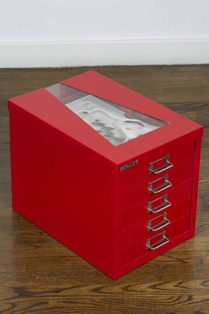 Flat File Globe Red Tank B, 2007 Yupo, foam board, metal cabinet 12 7/8 x 11 x 16 1/8 inches
