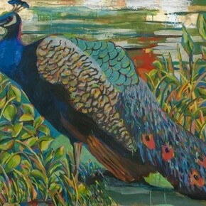 Karen Heagle, Peacock, 2013, acrylic, ink, and collage on paper, 43 1/2 x 52 inches
