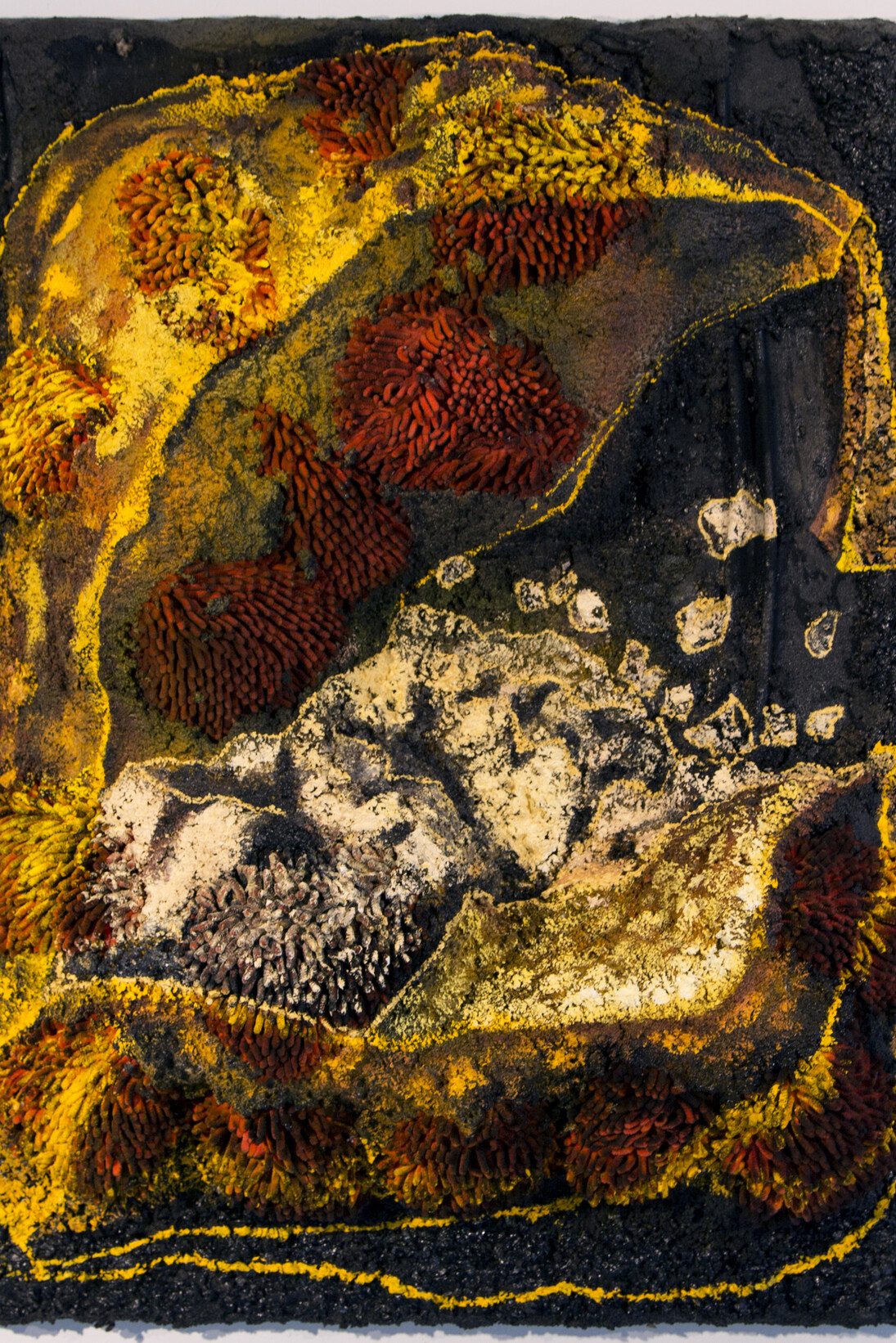 Whitney Oldenburg, Unpeeled, 2015, Vermiculite, perlite, rock, car polishers, wood, oil, and acrylic, 46 x 36 x 10 in

