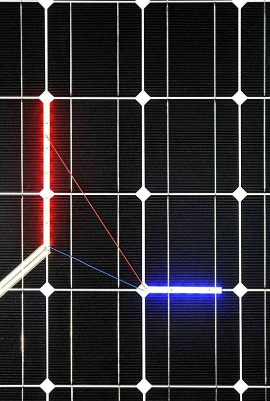 Haroon Mirza, Solar Powered LED Circuit Composition 3, 2013, Solar panel, LED strip, power supply, copper tape, solder. Courtesy of the artist