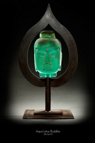 Marlene Rose (b. 1967), Aqua Lotus Buddha, 2021, sand cast glass and steel sculpture, 28.5x12x10 in 