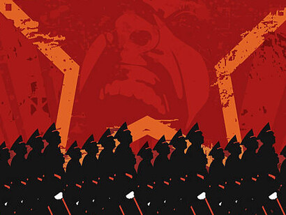 A fascist propaganda poster featuring soldiers in red