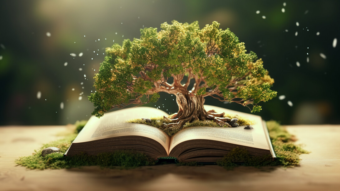 Un pequeño árbol surge de un libro. Los libros pueden proporcionar una comprensión del estoicismo y comunicar valiosas lecciones de vida