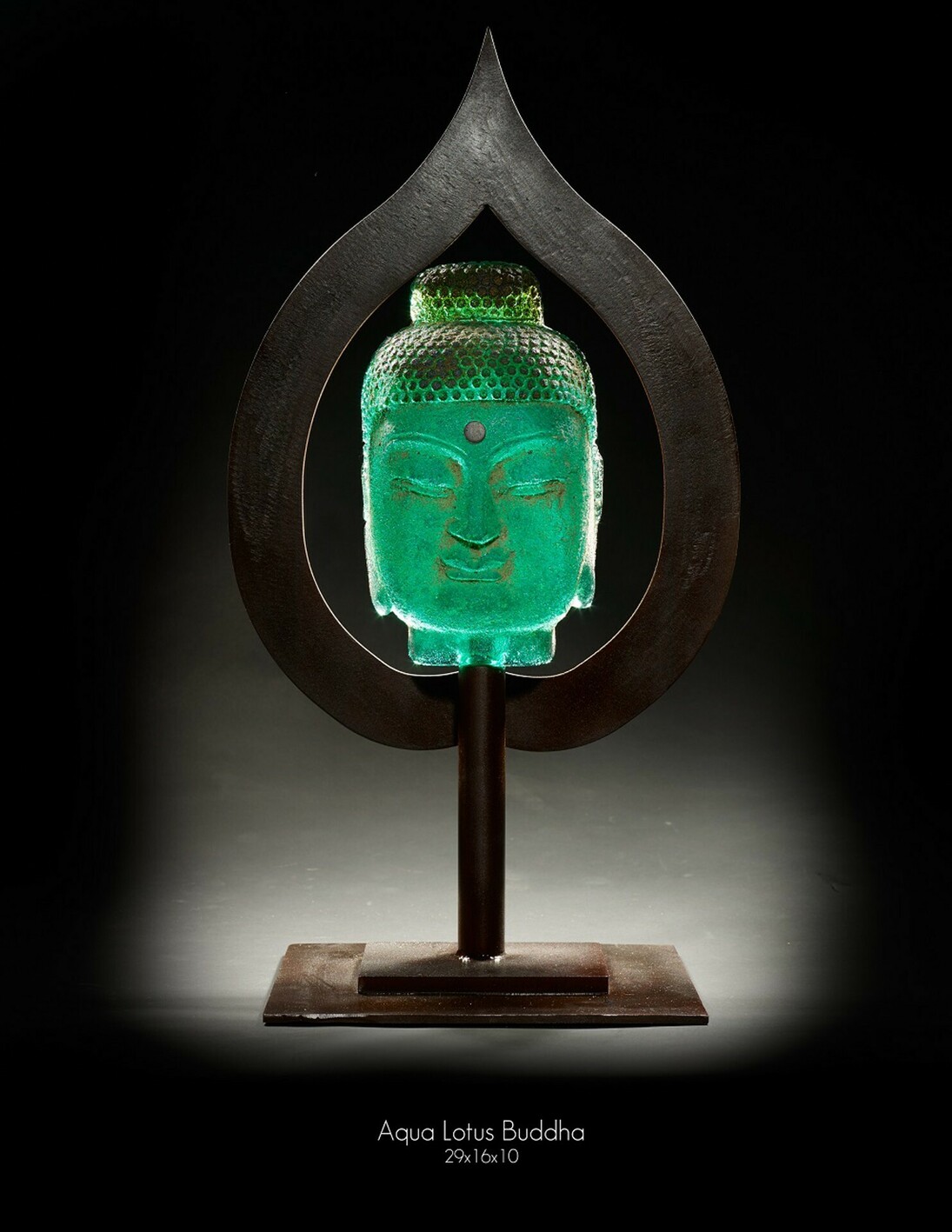 Marlene Rose (b. 1967), Aqua Lotus Buddha, 2021, sand cast glass and steel sculpture, 28.5x12x10 in 