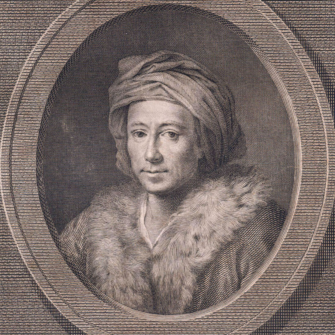 Girolamo Carattoni, “Ritratto di J. J. Winckelmann” ripreso dal dipinto di Anton von Maron, 1783, incisione all’acquaforte, 26 x 18,5 cm - Raccolta Piancastelli, Biblioteca Comunale “A. Saffi”, Forlì