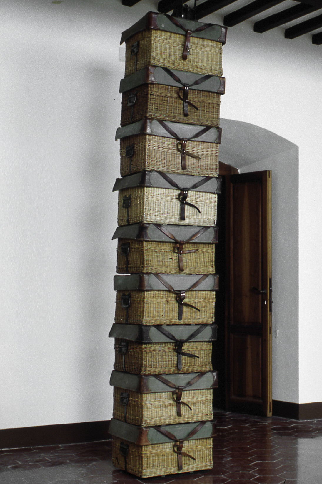 Fabio Mauri, Monumento a tre militari (Picnic o Il buon soldato), [Monument to three soldiers (Picnic or the good soldier)], 1998
Basketwork, leather, 270 x 53 x 50 cm / 106 1/4 x 20 7/8 x 19 5/8 in. Photo: Claudio Abate
