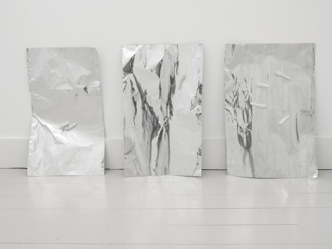 Vanessa Safavi, Bending pushing pulling lifting twisting (1,2,3), 2015, 3 aluminium sheets, plaster, 133 x 58 cm