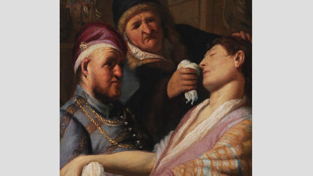 Rembrandt van Rijn (1606–1669), Le Patient inconscient (allégorie de l'Odorat) , vers 1624-1625, Hule sur panneau, 21,6x17,8cm © New York, The Leiden Gallery