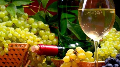 Variedades de uva ante una copa de vino blanco