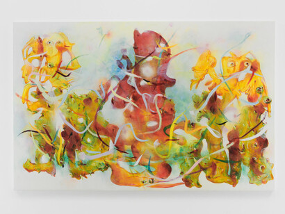 Matthew Ritchie, A Garden in the Flood, 2023. Oil and ink on canvas, 58 x 90 in. (147.3 x 228.6 cm). Courtesy of the artist and James Cohan Gallery