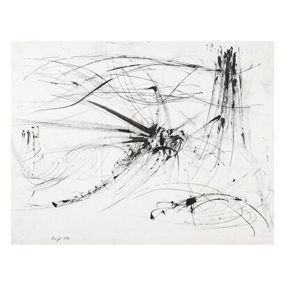 Judit Reigl, Untitled, Precursor to Outburst series, 1955-57, November-December 1954, Ink on paper, 9 3/8 x 12 inches (23.8 x 30.5 cm), Signed & dated on recto