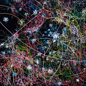 Kysa Johnson, blow up 260 - The long goodbye (hello, hello) - subatomic decay patterns and the star forming region RCW 49, 2015. High Gloss Paint and Ink on Panel, 14 x 16 in, KJ_138
