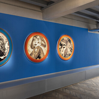 Dara Birnbaum, Quiet Disaster, 1999. Set of 3 circular Plexiglas panels with Duratrans print, Diameter each: 44 in. / 111.76 cm. Exhibition view “Dara Birnbaum” at Osservatorio Fondazione Prada, Milan, 2023. Courtesy of the artist, Fondazione Prada, Milan, and Marian Goodman Gallery. Photo credit: Andrea Rossetti