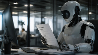 Humanoid robot reviewing job applications in a futuristic office, reflecting the growing role of AI and applicant tracking systems in modern recruitment