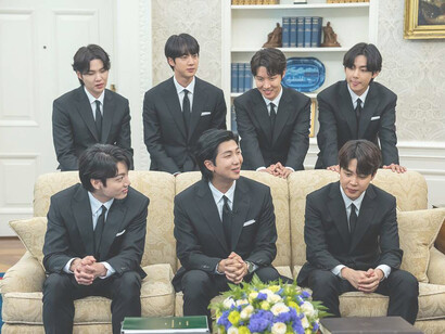 President Joe Biden meets with K-pop group BTS in the Oval Office of the White House on Tuesday, May 31, 2022, to discuss anti-Asian hate crimes and promote inclusion